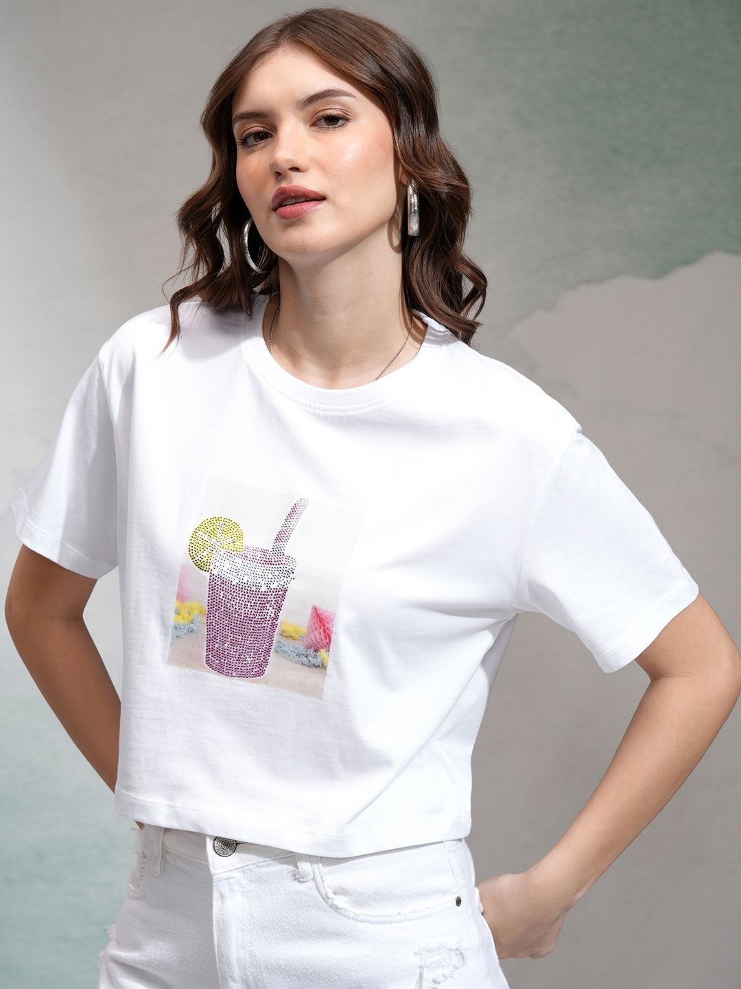 

Tokyo Talkies Women Emblished Crop Regular Fit Tshirt, White