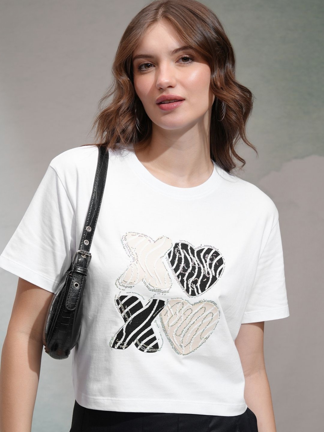 

Tokyo Talkies Women Embellished Crop Regular Fit T-shirt, White