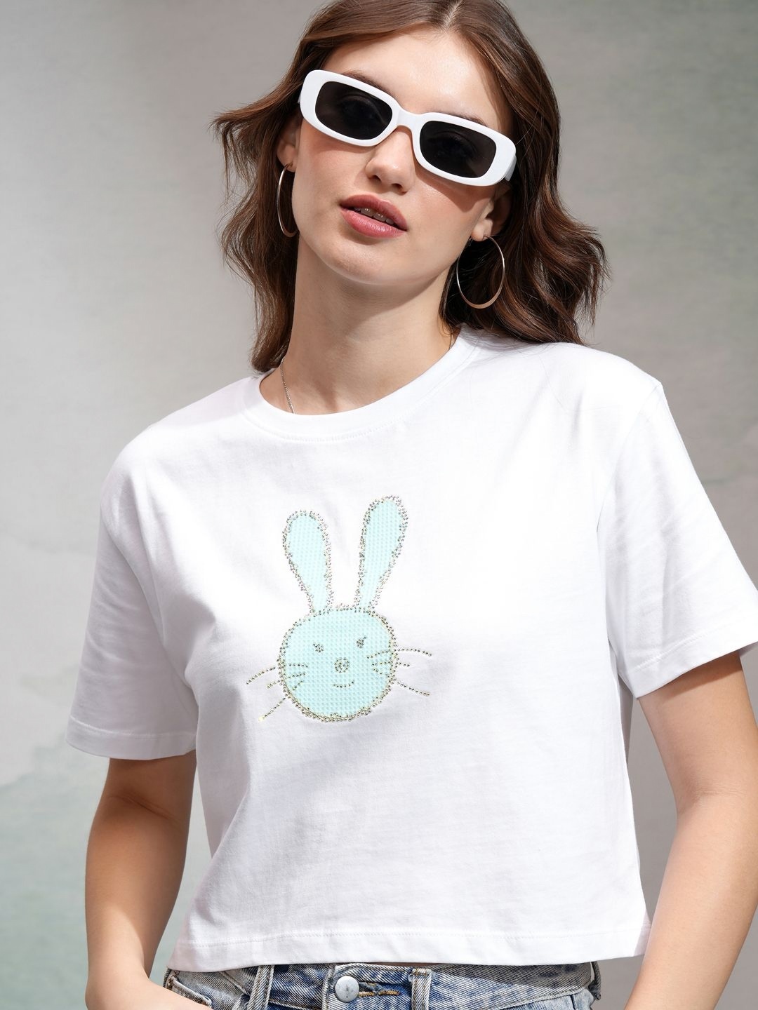 

Tokyo Talkies Women Embellished Crop Regular Fit T-shirt, White