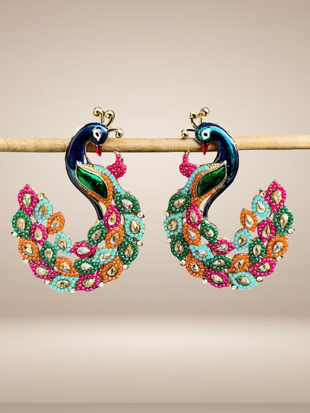 

UnfoldSelf Gold-Plated Stone Studded & Beaded Peacock Shaped Drop Earrings, Green