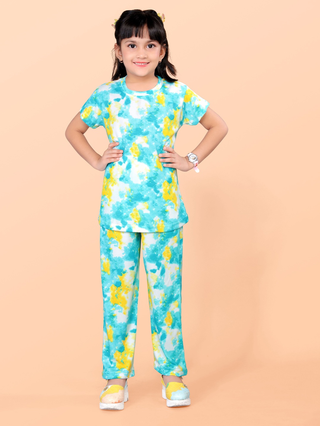 

FEBVIBE Girls Printed T-shirt with Pyjamas, Blue