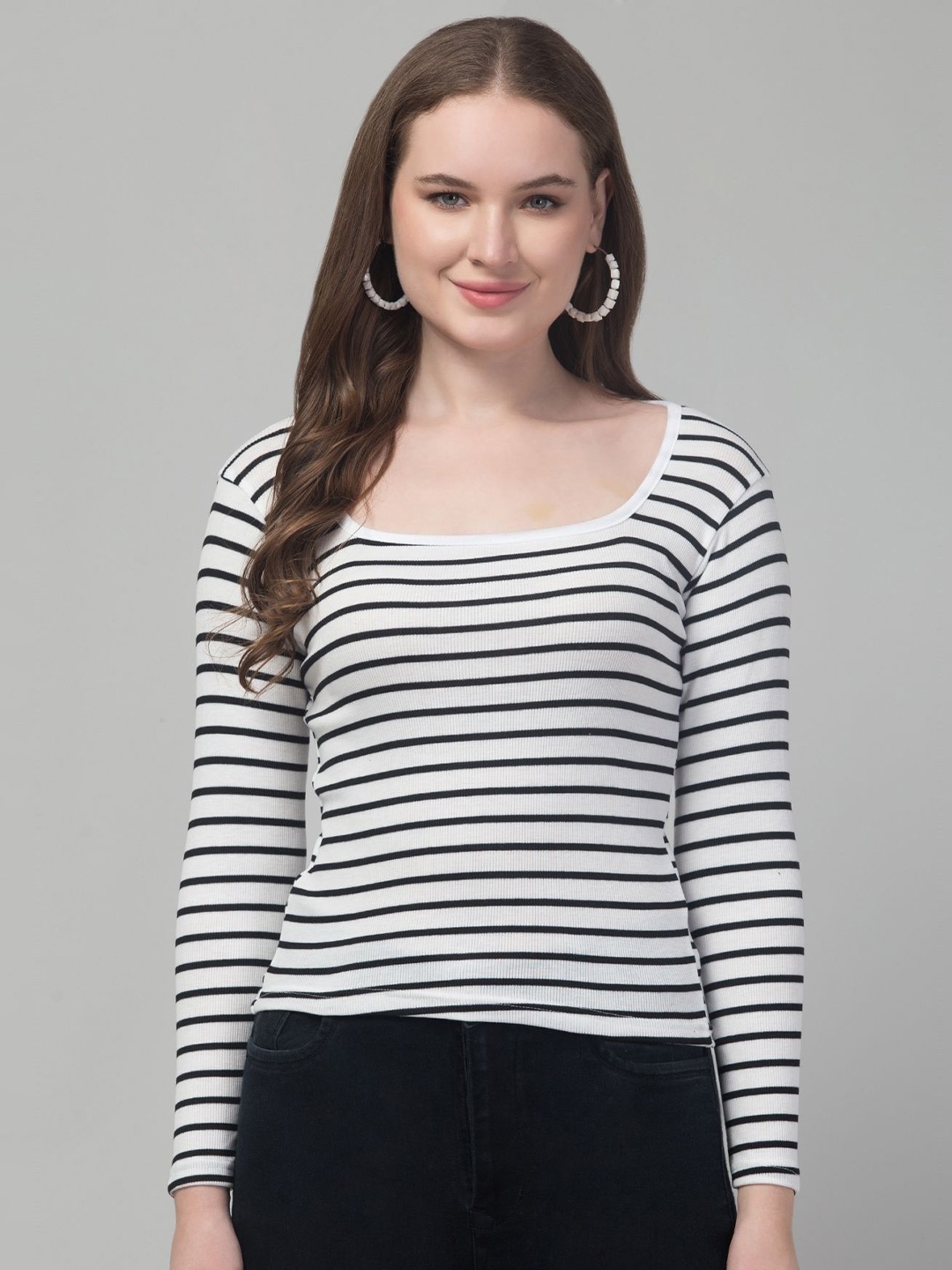 

Western Darji Women Striped Scoop Neck Cotton Top, White