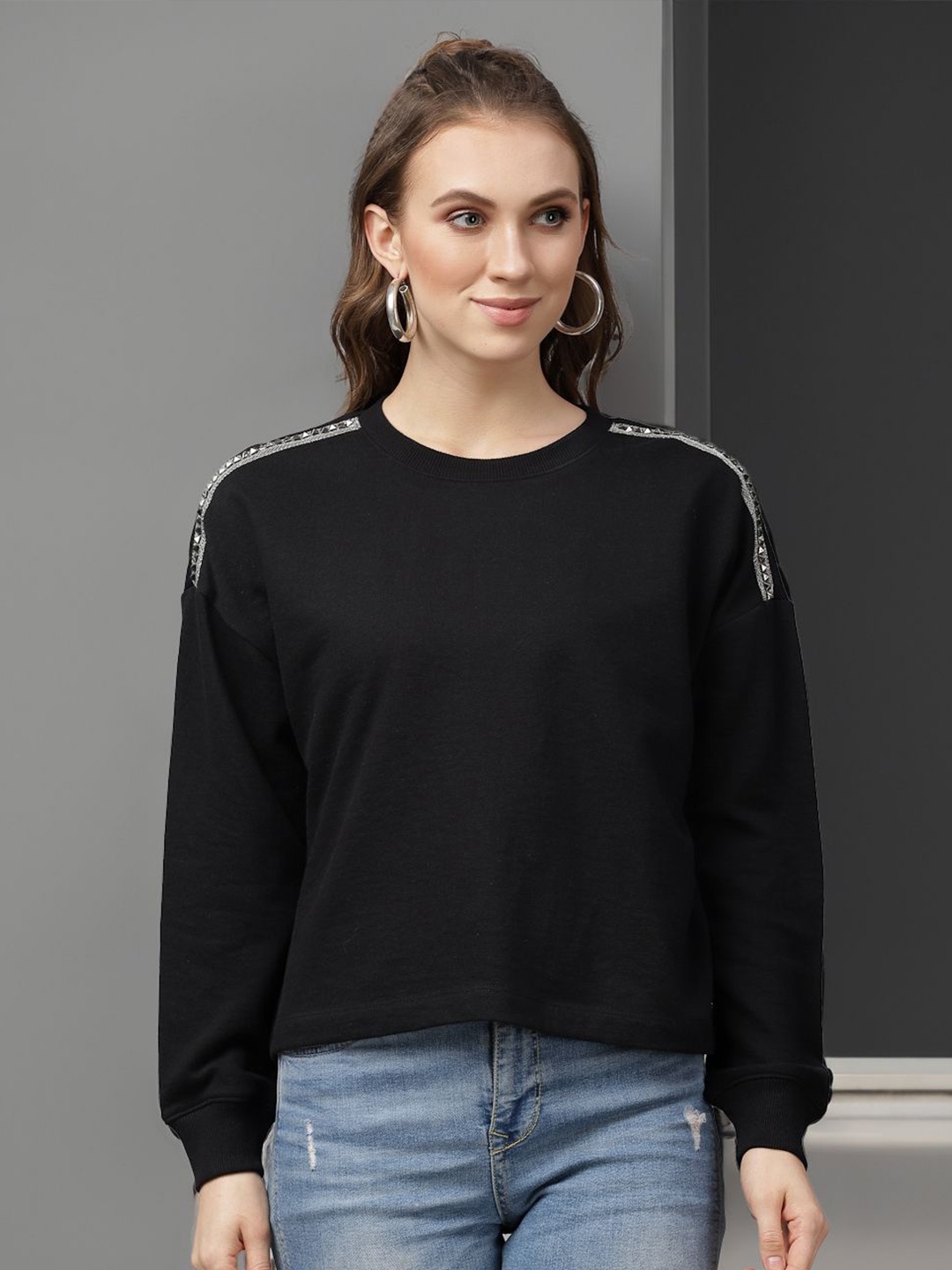 

STYLECAST X KASSUALLY Women Round Neck Pure Cotton Sweatshirt, Black