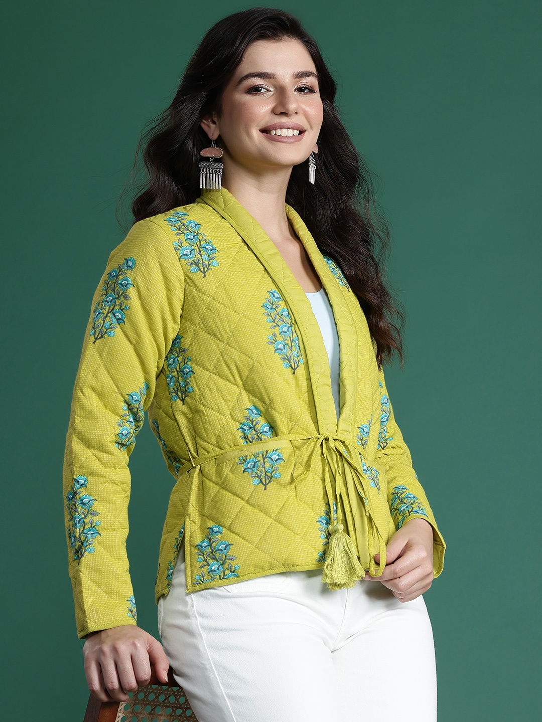 

Sangria Floral Printed Quilted Jacket with Tie Up Detail, Lime green