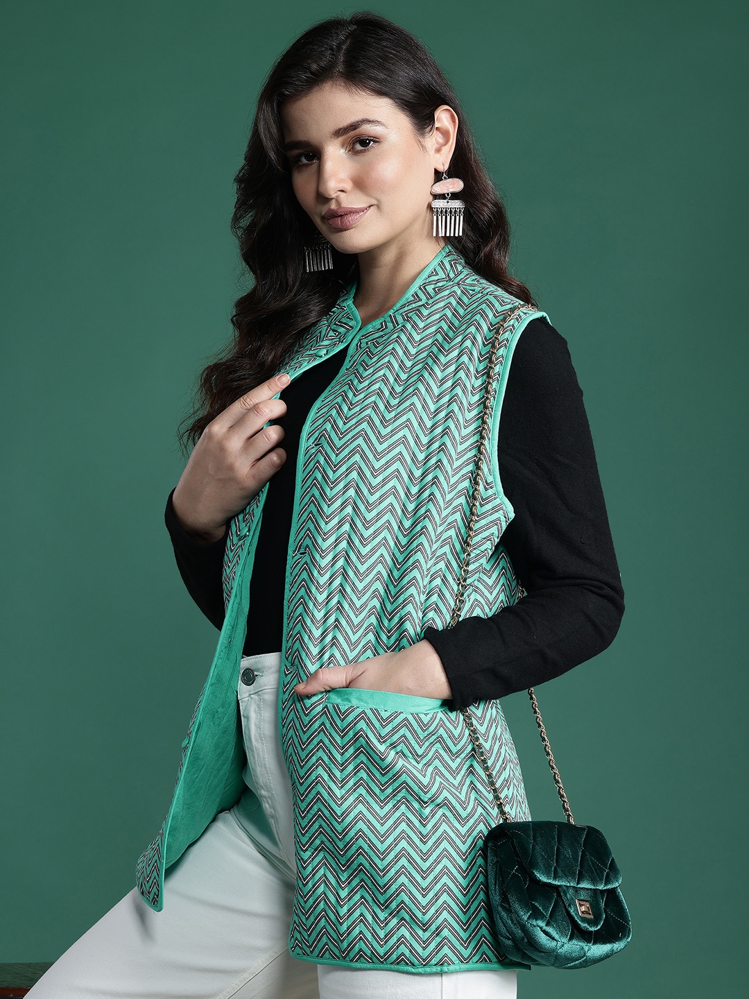 

Sangria Printed Longline Open Front Jacket, Sea green