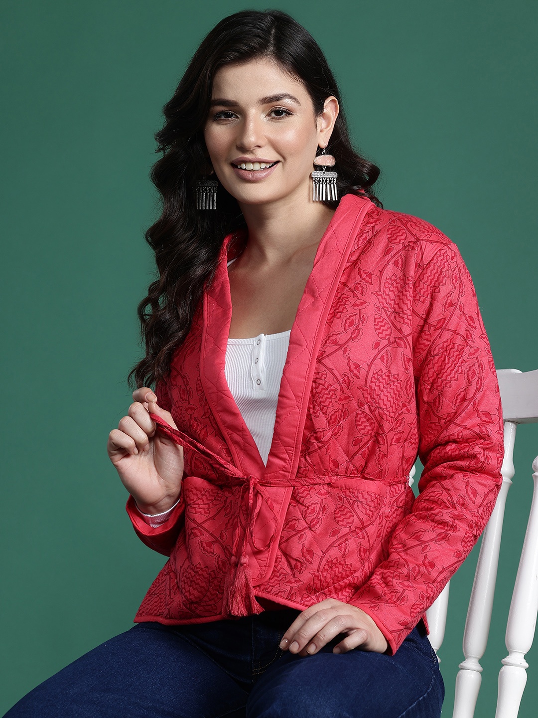 

Sangria Floral Printed Quilted Jacket with Tie Up Detail, Red