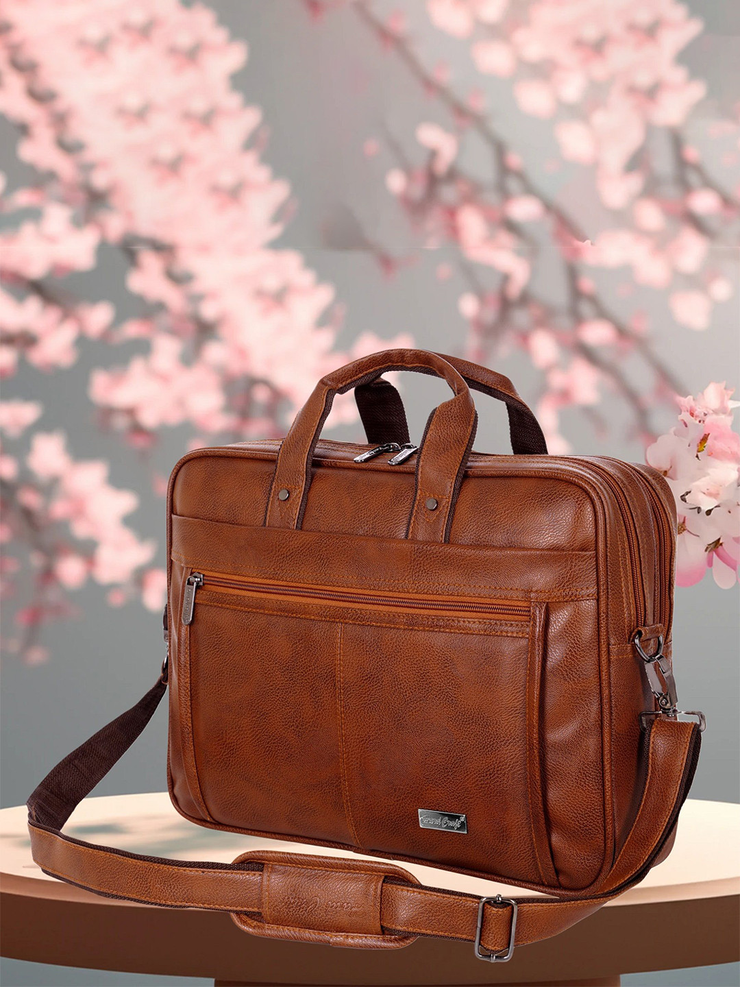 

HARD CRAFT Men Textured PU Laptop Bag, Tan