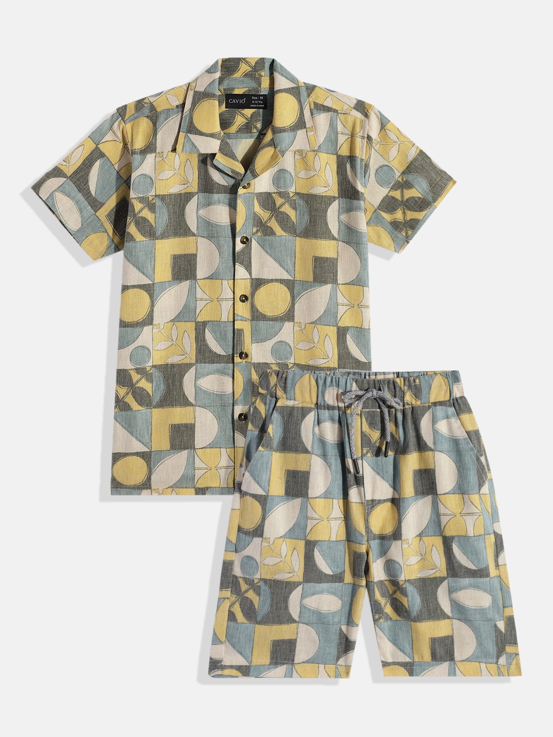 

CAVIO Boys Printed Pure Cotton Shirt with Shorts, Mustard