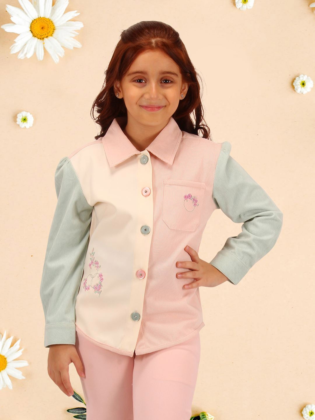 

CUTECUMBER Embroidered Applique Shirt Style Top, Peach