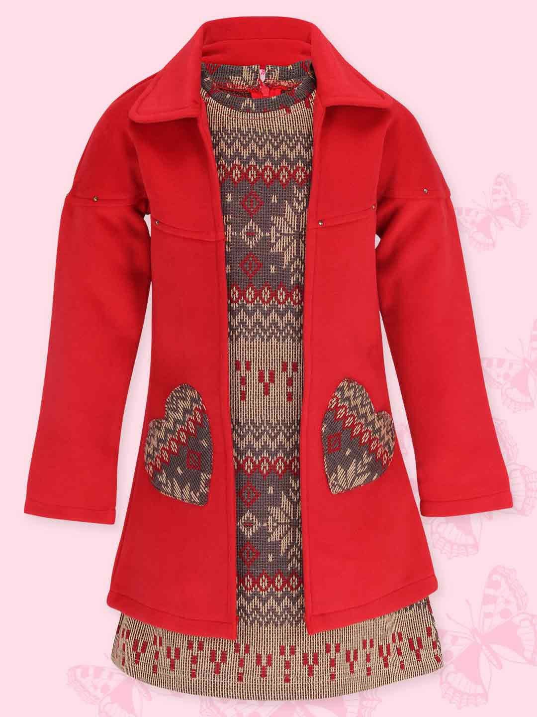 

CUTECUMBER Girls Self Design A-Line Winter Wear Embellished Dress with Detachable Jacket, Red