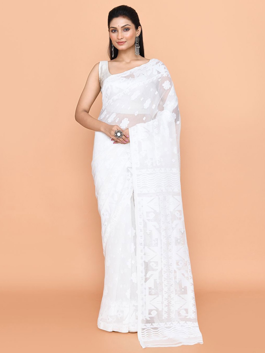 

SPRISH Woven Design Pure Cotton Jamdani Saree, White