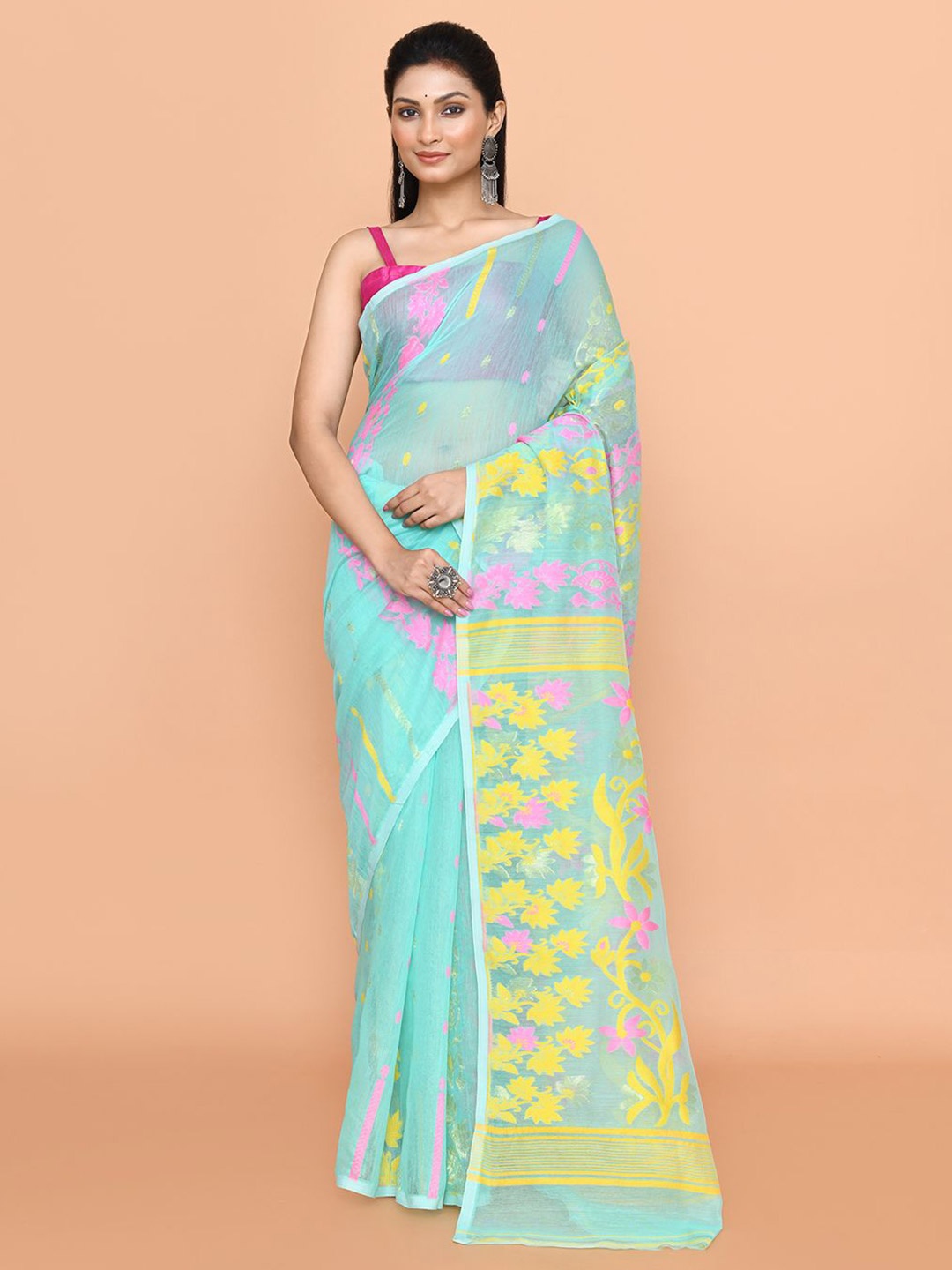 

SPRISH Woven Design Pure Cotton Jamdani Saree, Blue