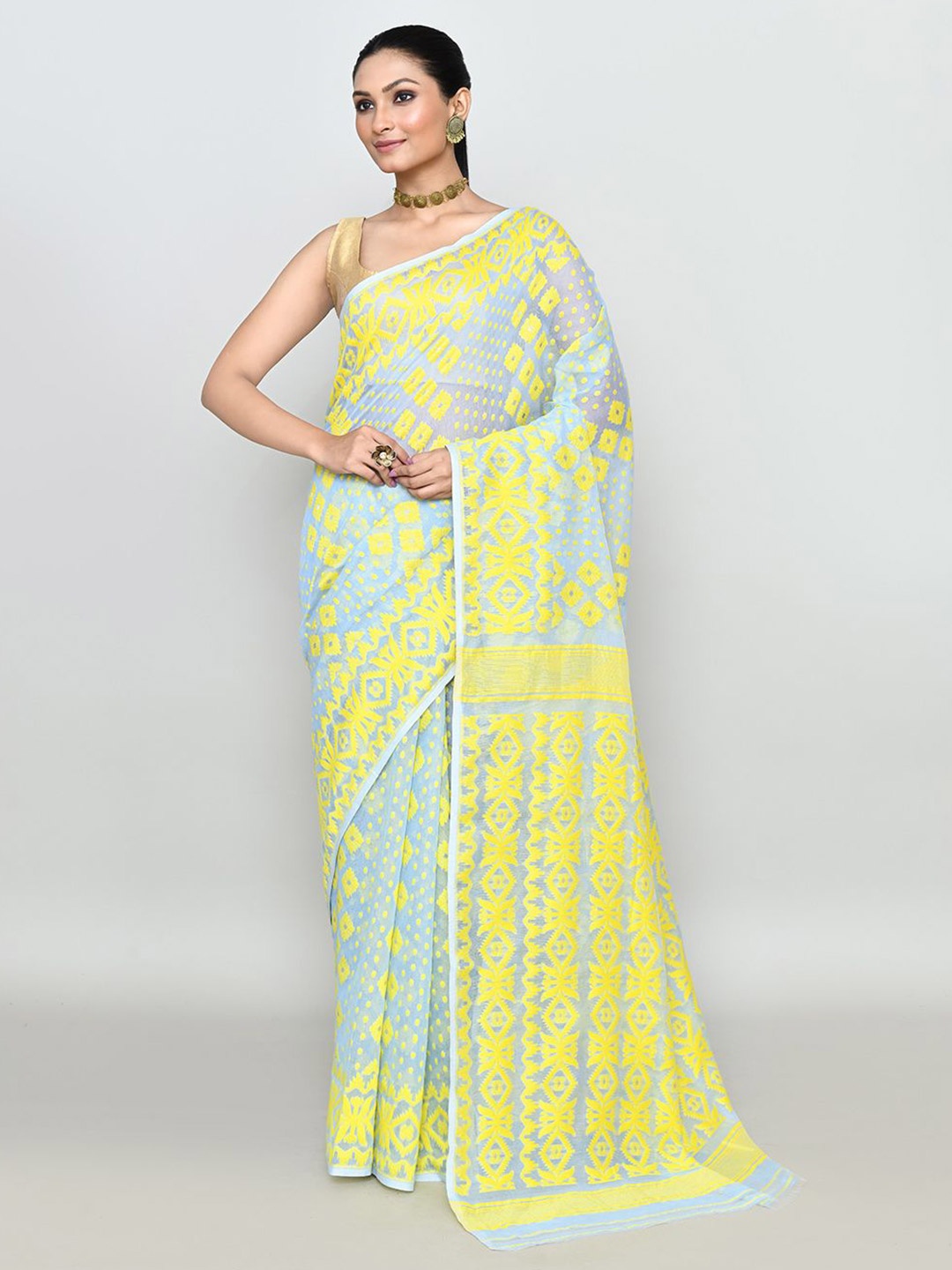 

SPRISH Woven Design Pure Cotton Jamdani Saree, Yellow