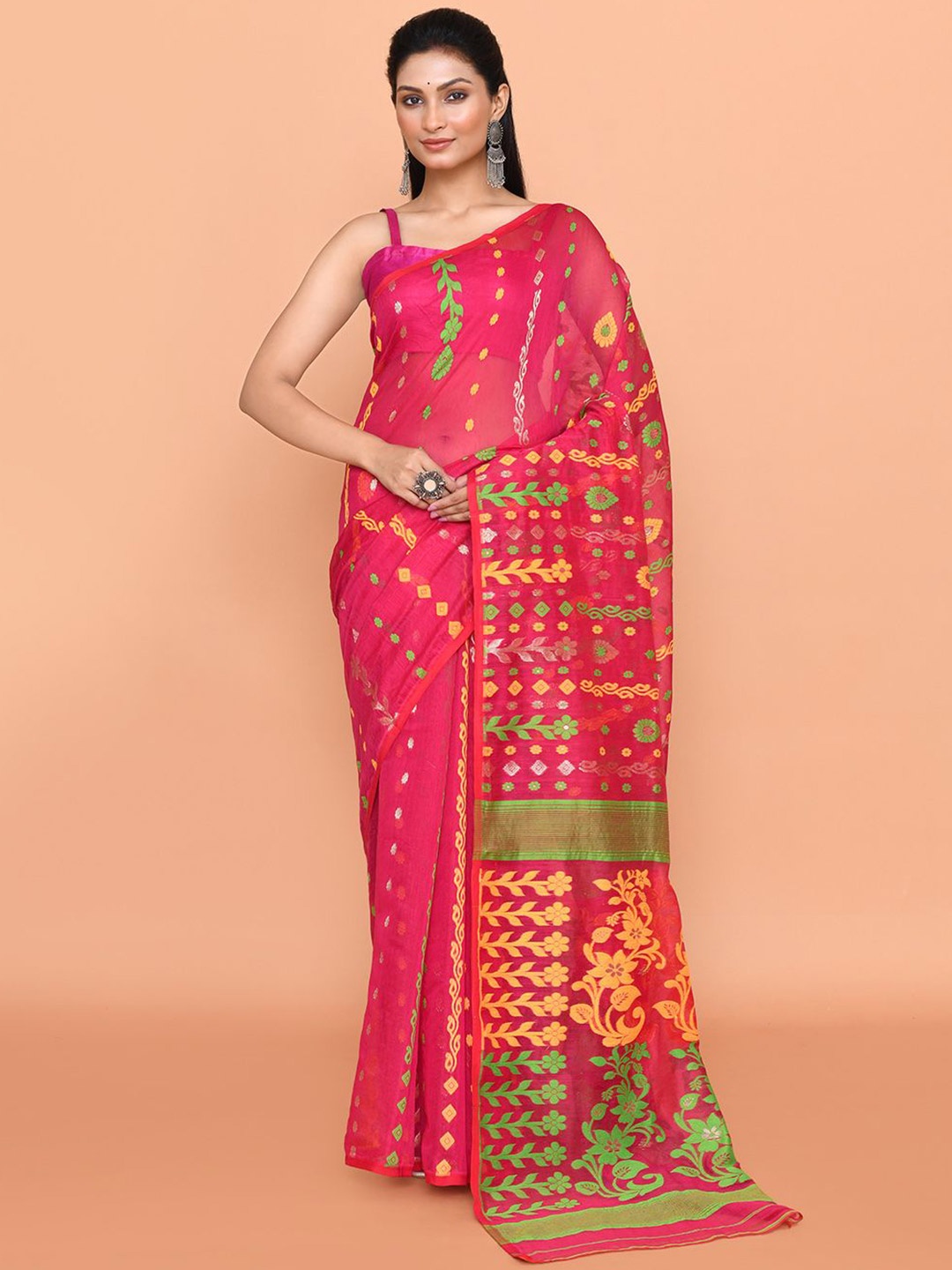 

SPRISH Woven Design Pure Cotton Jamdani Saree, Pink