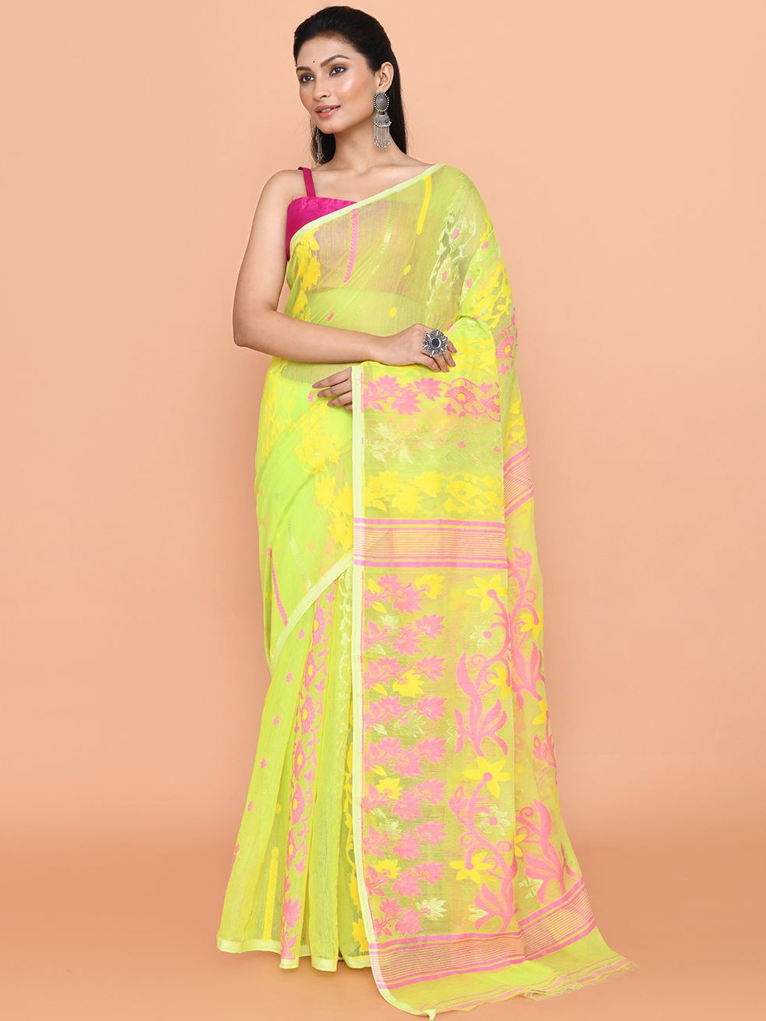 

SPRISH Ethnic Motifs Pure Cotton Handloom Jamdani Saree, Lime green