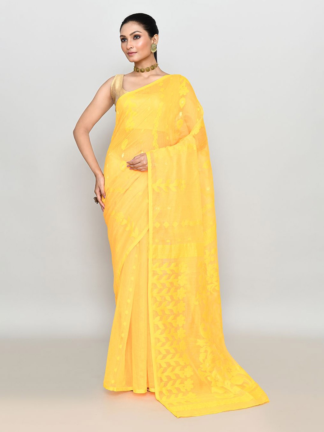 

SPRISH Ethnic Motifs Pure Cotton Jamdani Saree, Yellow