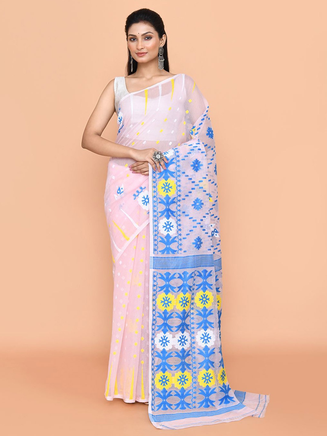 

SPRISH Woven Design Pure Cotton Jamdani Saree, Blue