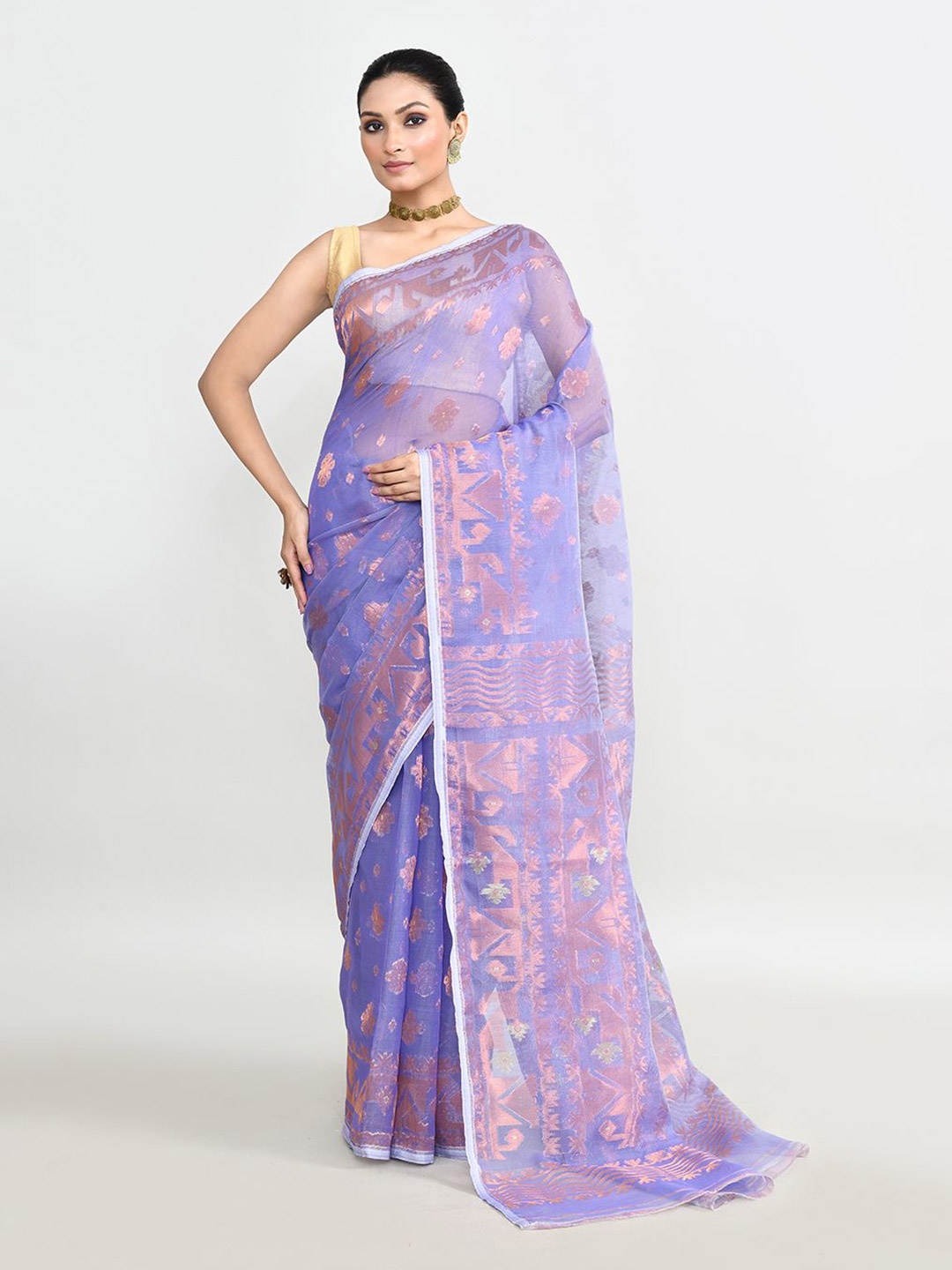 

SPRISH Ethnic Motifs Pure Cotton Jamdani Saree, Purple