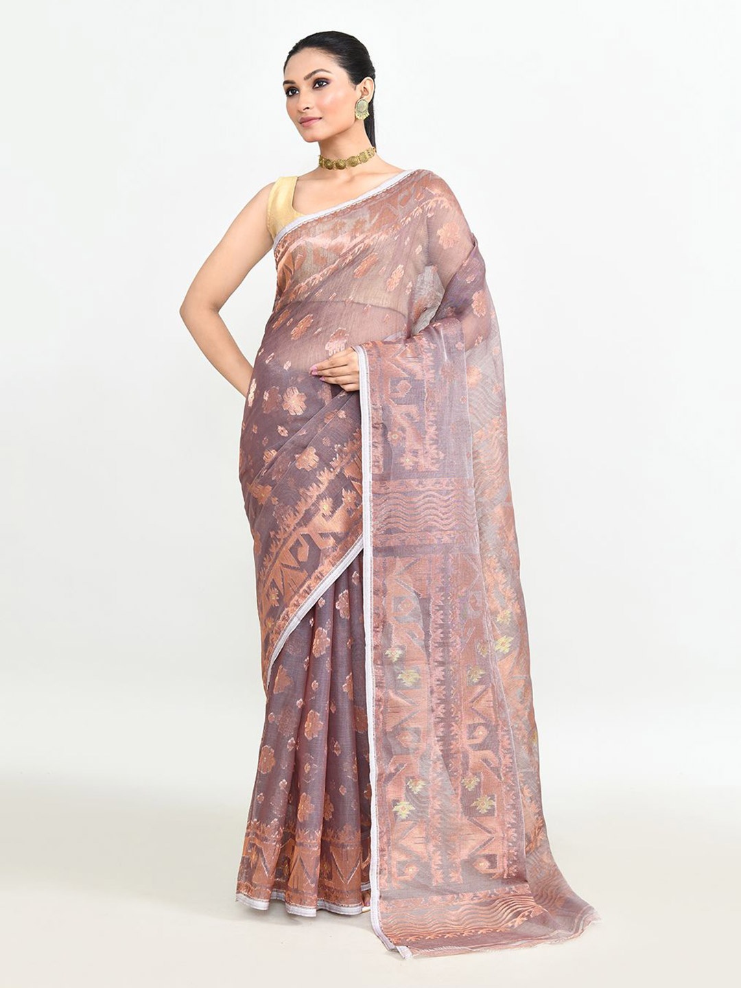 

SPRISH Ethnic Motifs Pure Cotton Jamdani Saree, Camel brown