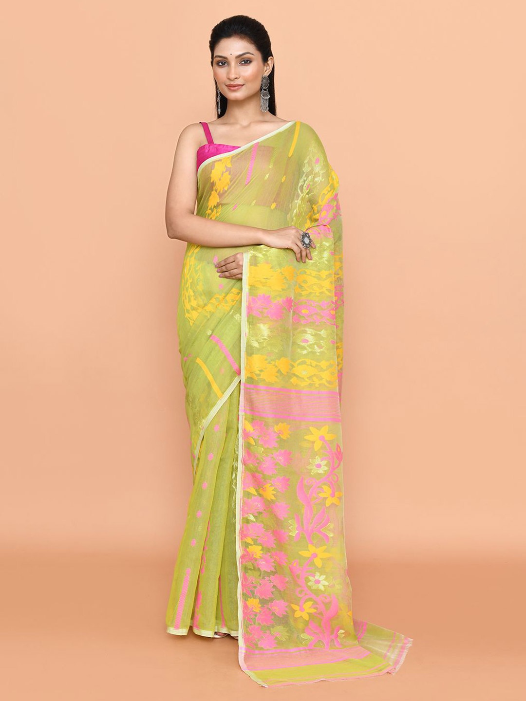 

SPRISH Woven Design Pure Cotton Jamdani Saree, Green