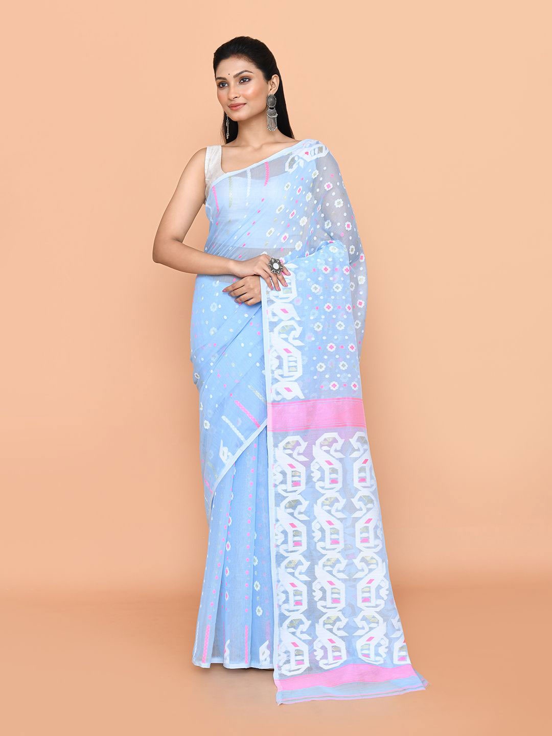 

SPRISH Ethnic Motifs Printed Pure Cotton Jamdani Saree, Blue