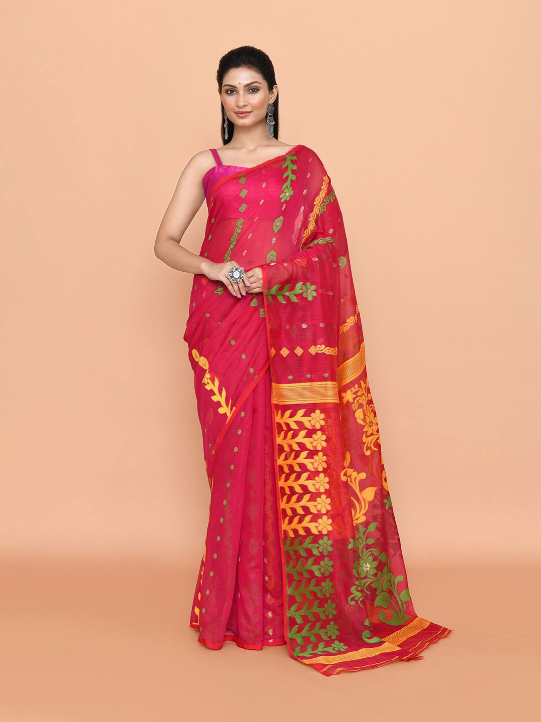 

SPRISH Woven Design Pure Cotton Jamdani Saree, Red