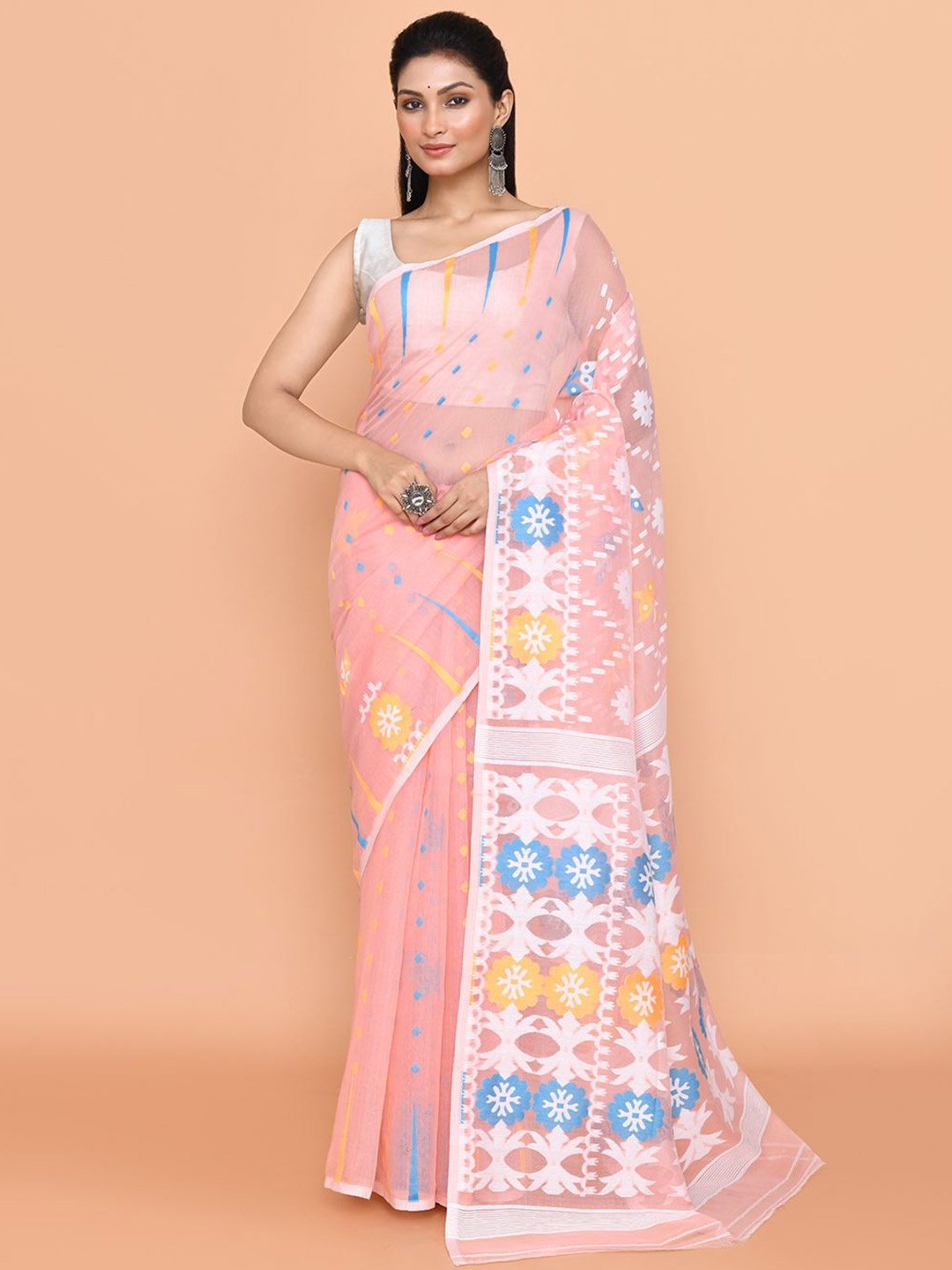 

SPRISH Ethnic Motifs Woven Design Pure Cotton Jamdani Saree, Pink