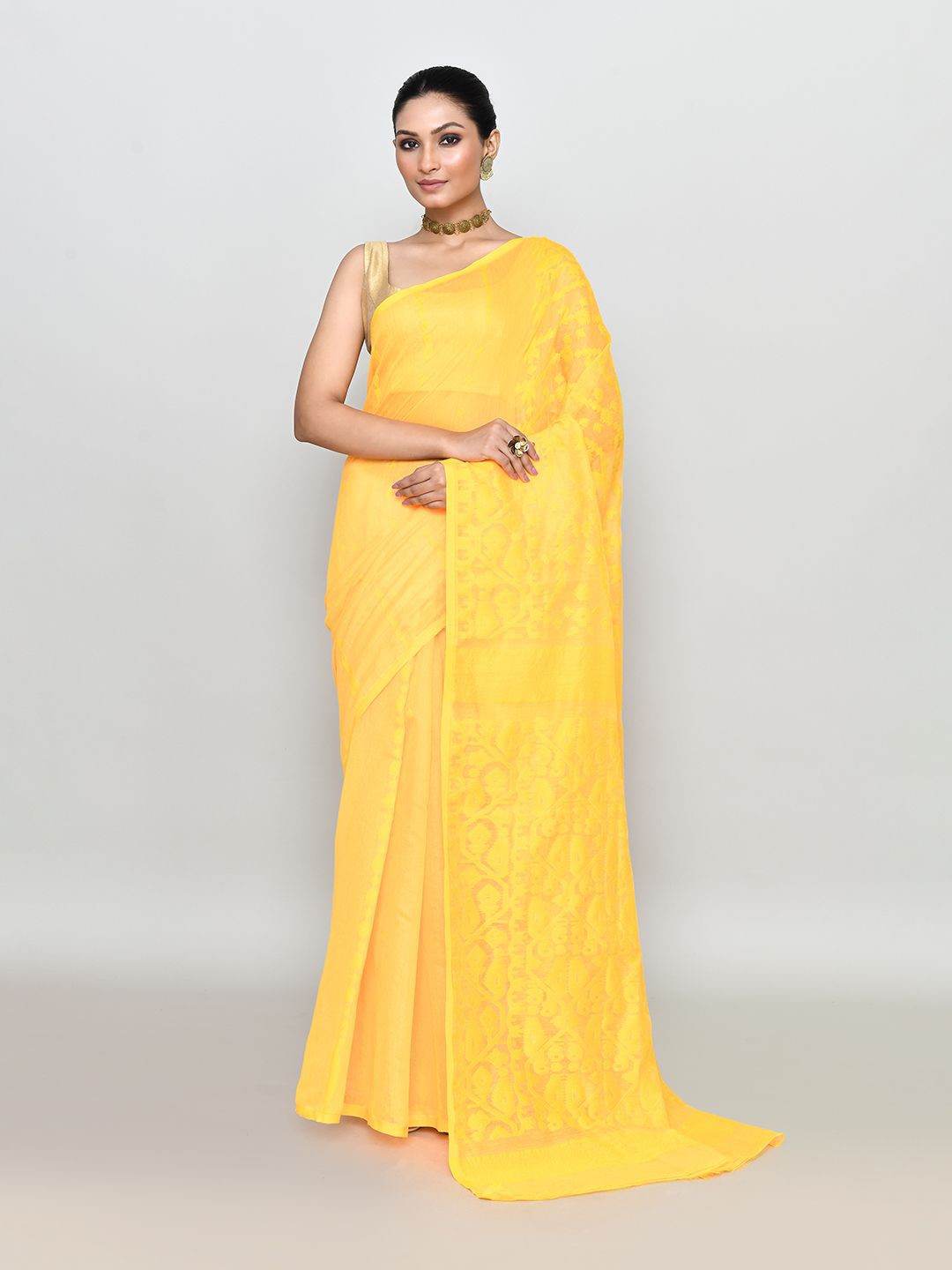 

SPRISH Woven Design Pure Cotton Jamdani Saree, Yellow