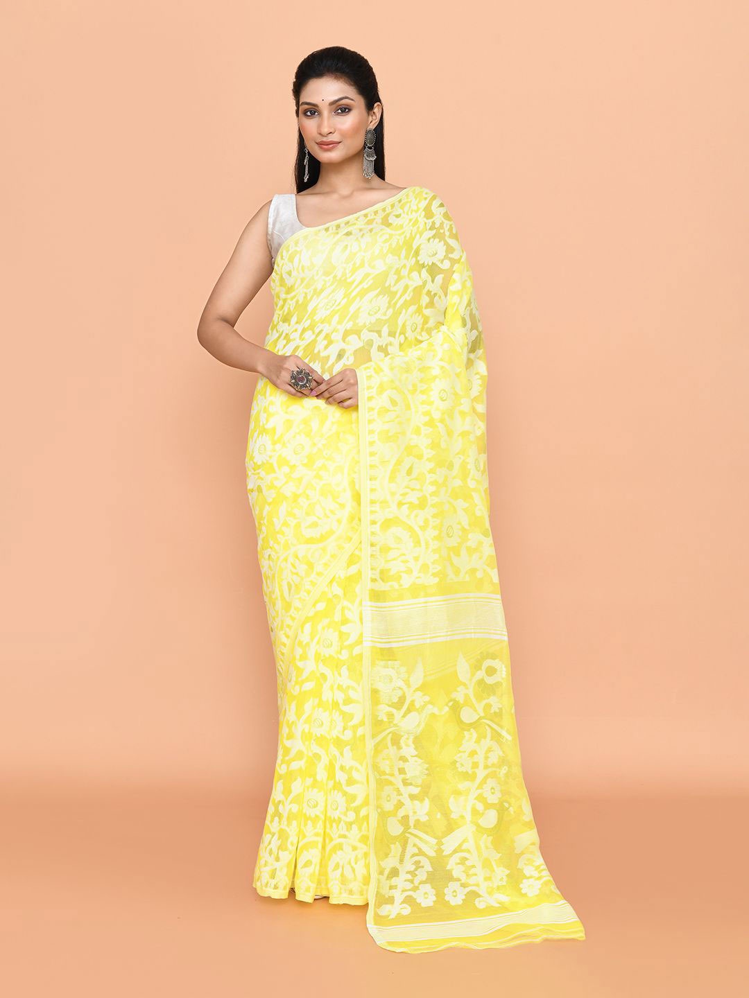 

SPRISH Floral Woven Design Pure Cotton Jamdani Saree, Yellow