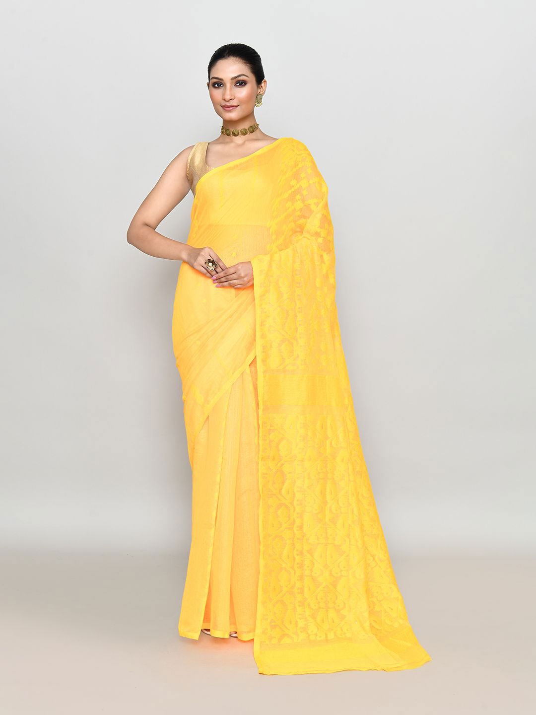 

SPRISH Woven Design Pure Cotton Jamdani Saree, Yellow