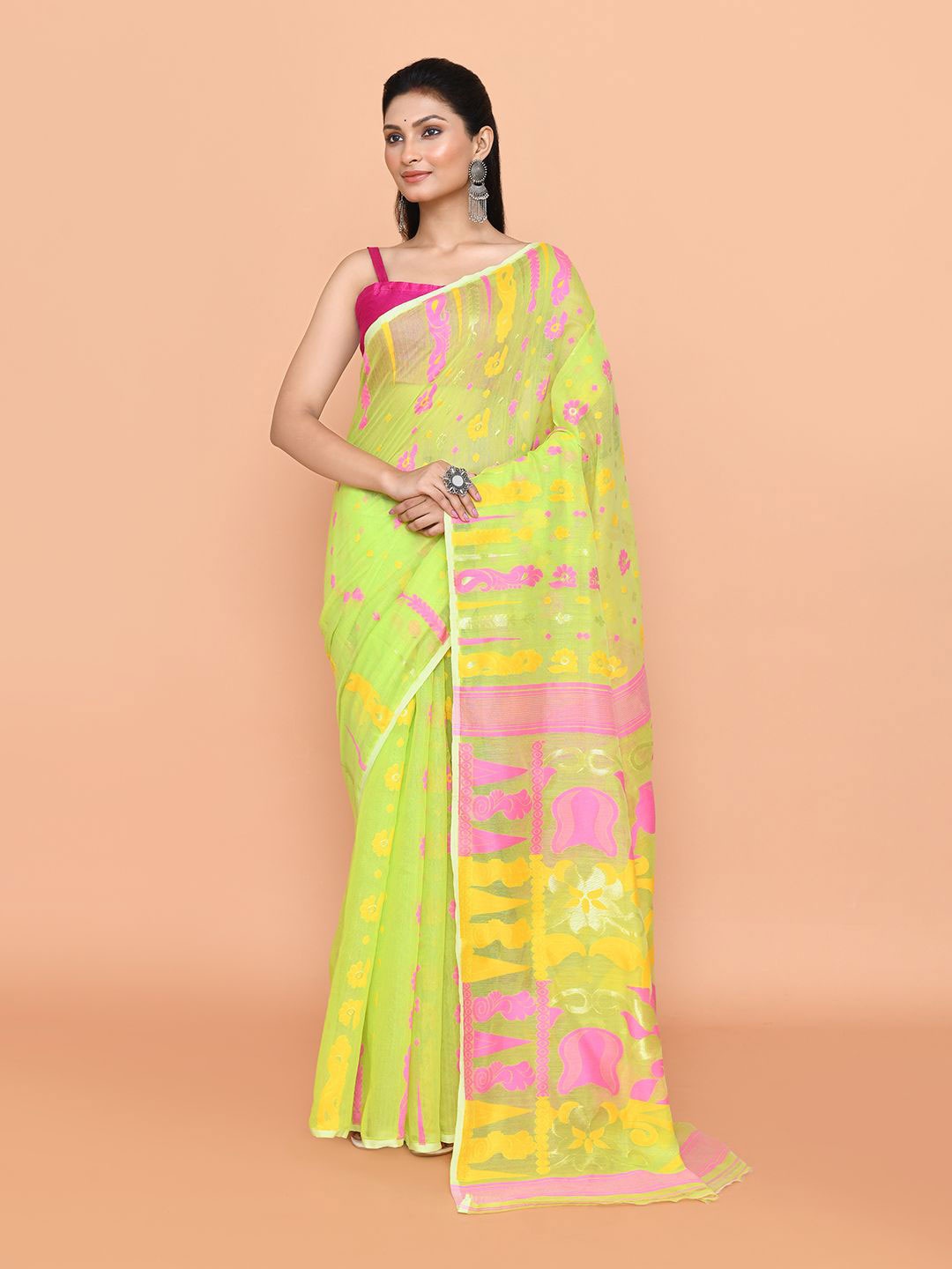 

SPRISH Woven Design Pure Cotton Jamdani Saree, Yellow