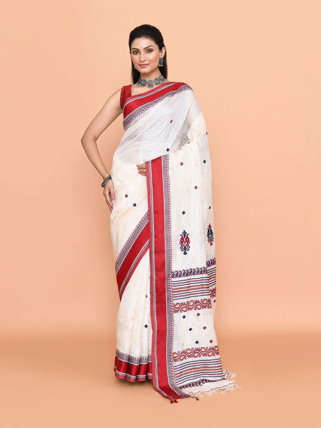 

SPRISH Ethnic Motifs Pure Silk Tussar Saree, White