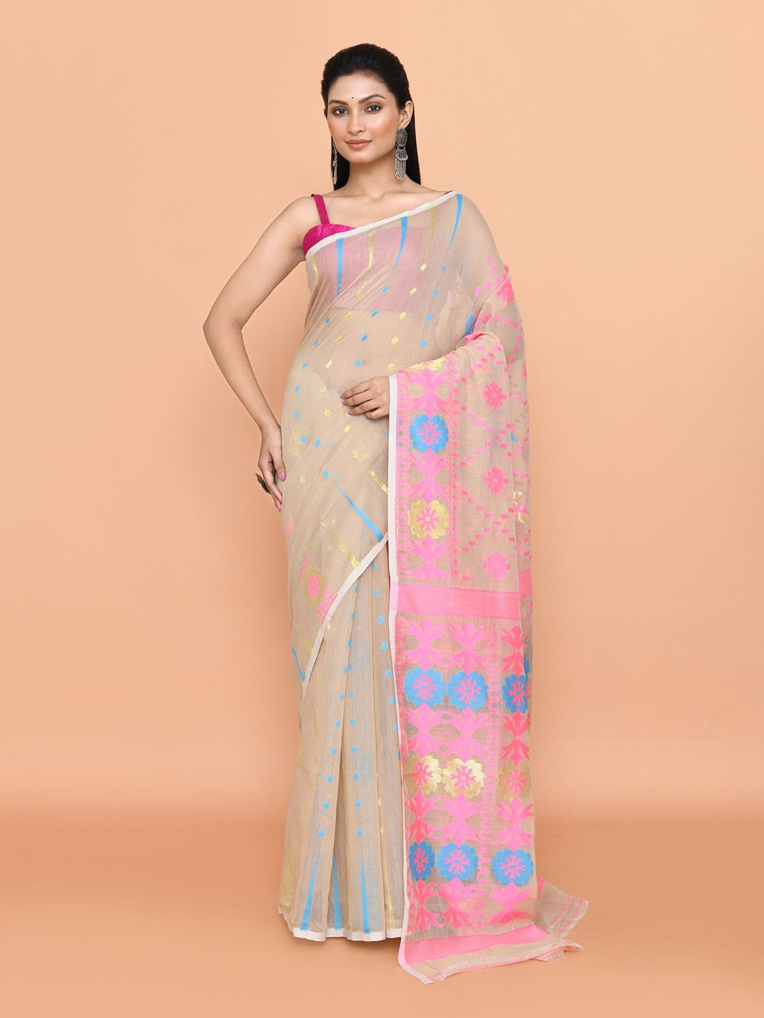 

SPRISH Ethnic Motifs Pure Cotton Jamdani Saree, Beige