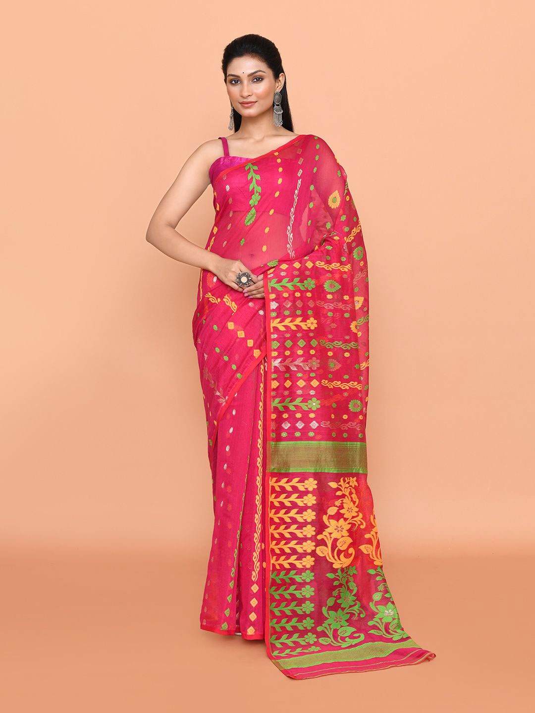 

SPRISH Woven Design Pure Cotton Jamdani Saree, Red