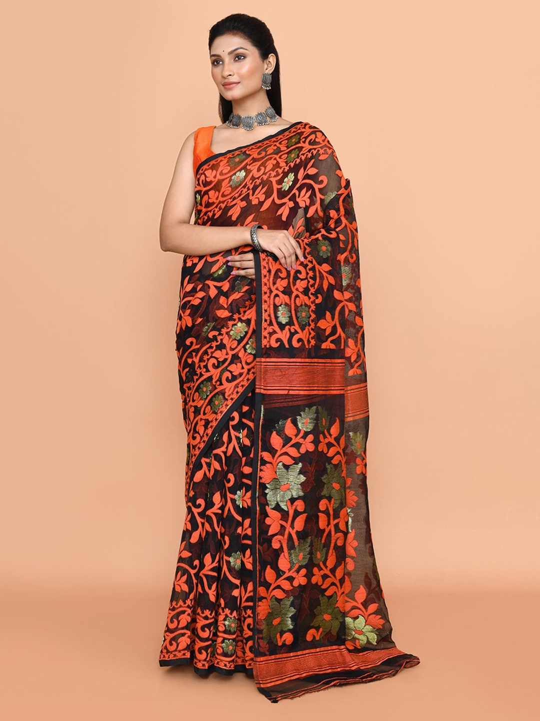 

SPRISH Woven Design Pure Cotton Jamdani Saree, Green