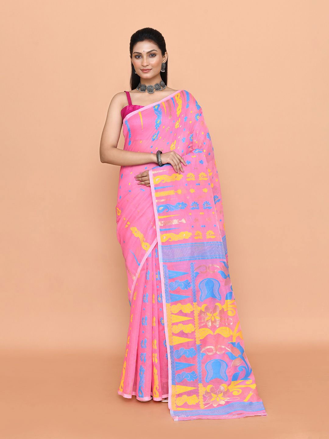 

SPRISH Ethnic Motifs Printed Pure Cotton Jamdani Saree, Pink