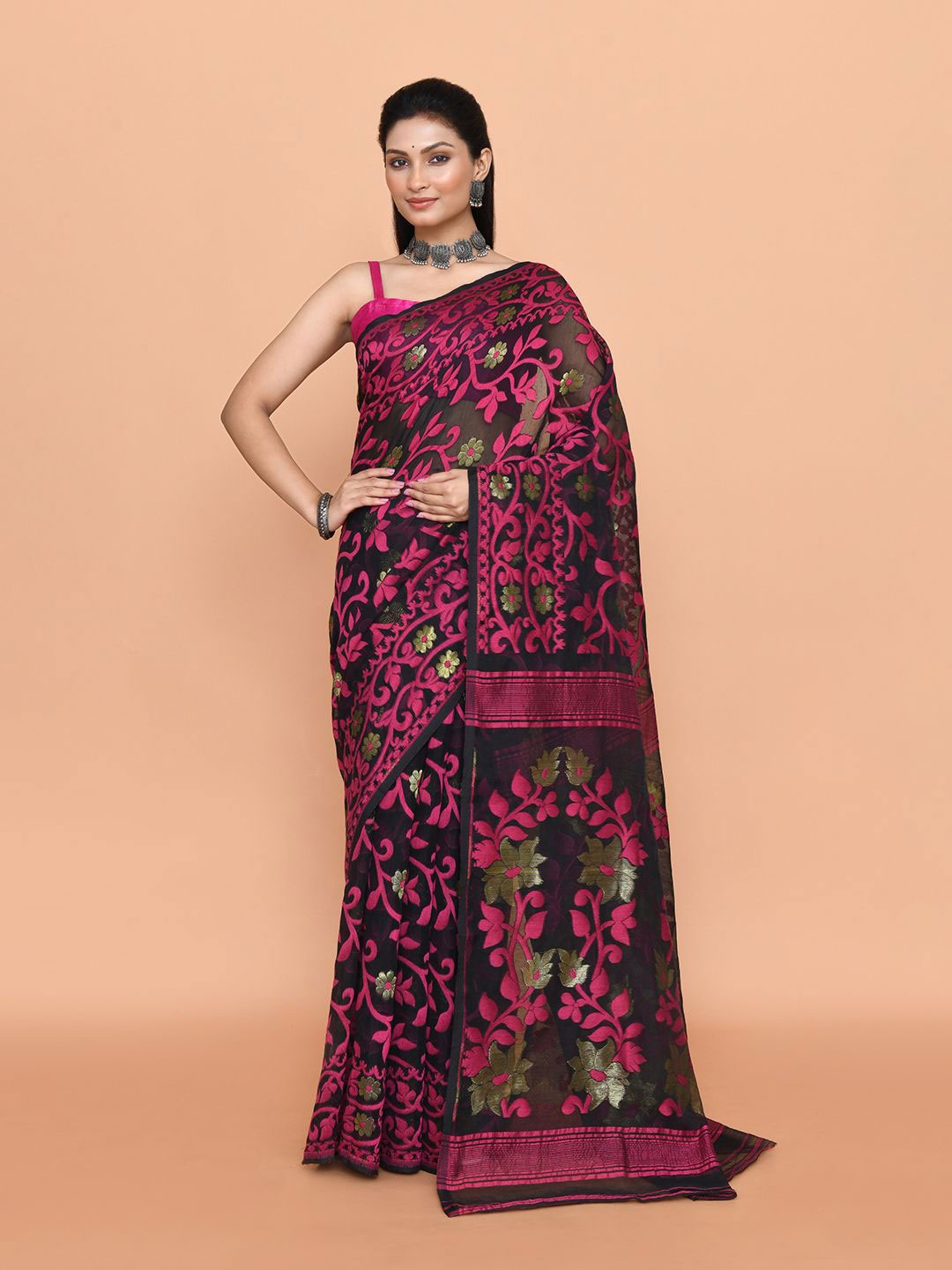 

SPRISH Woven Design Pure Cotton Jamdani Saree, Black