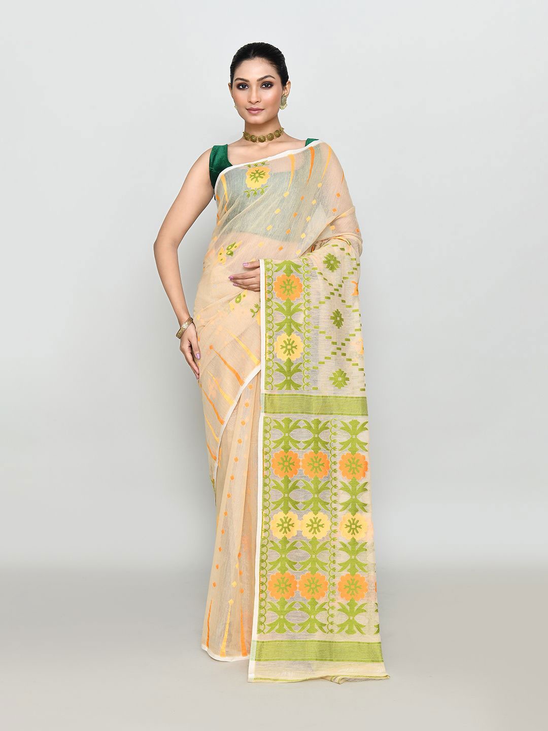

SPRISH Ethnic Motifs Woven Design Pure Cotton Jamdani Saree, Yellow