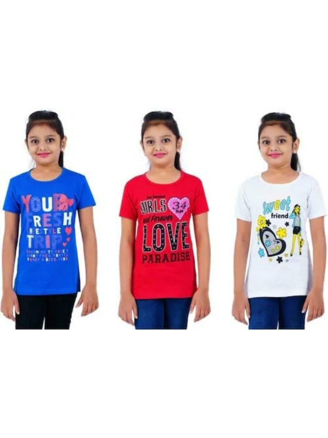 

SAN TEE Girls Pack Of 3 Typography Printed Round Neck Cotton T-shirts, Blue