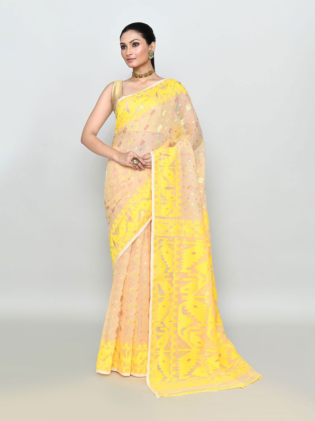 

SPRISH Ethnic Motifs Woven Design Pure Cotton Jamdani Saree, Yellow