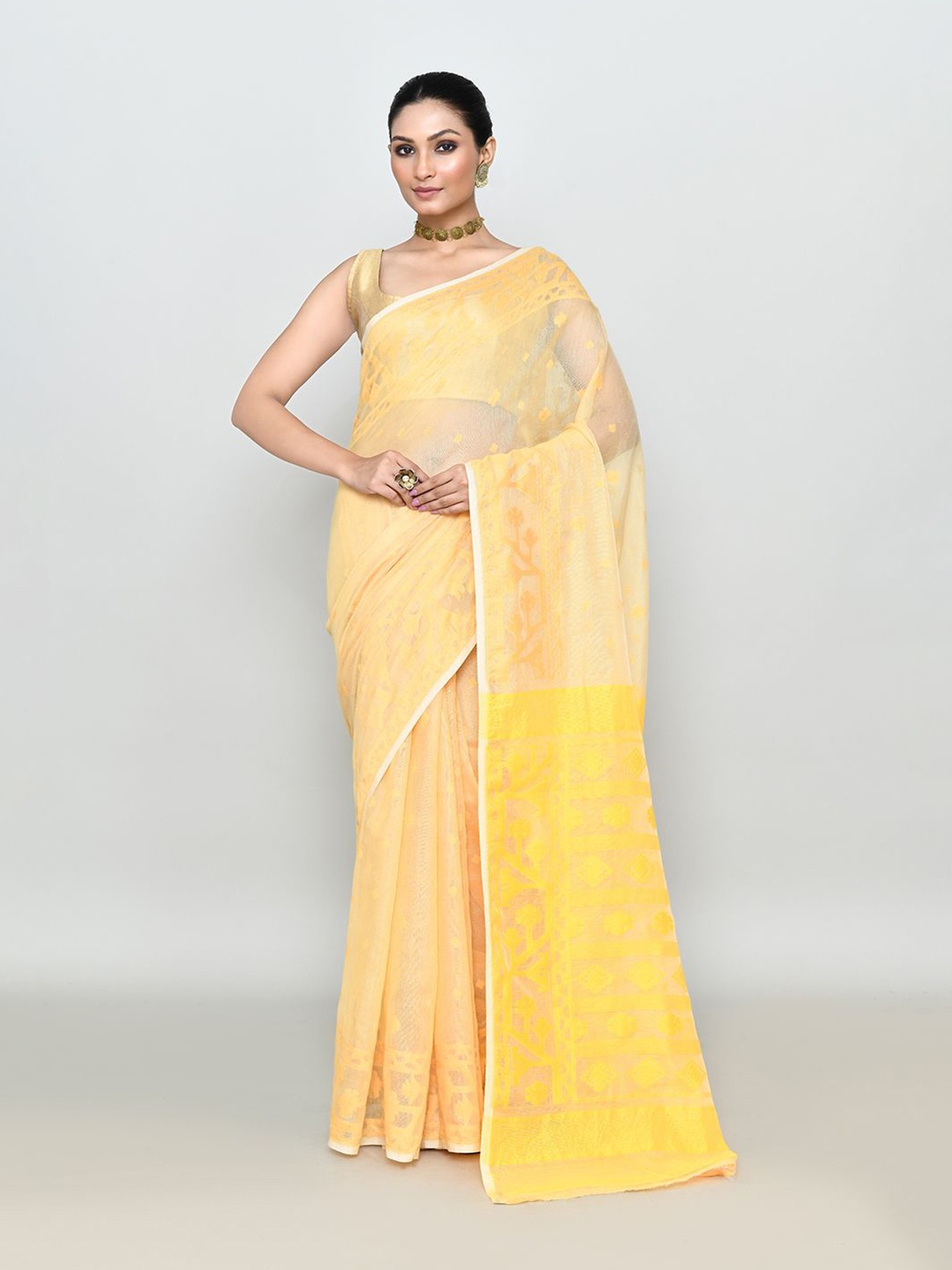 

SPRISH Woven Design Zari Pure Cotton Jamdani Saree, Yellow