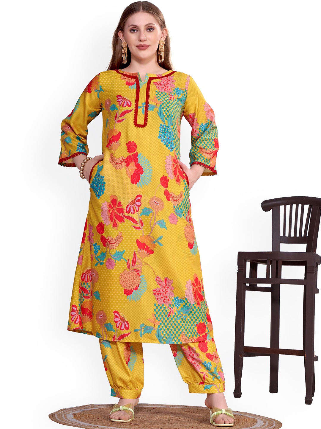

FAB GALAXY Ethnic Motifs Printed Regular Straight Kurta with Trousers & Dupatta, Mustard