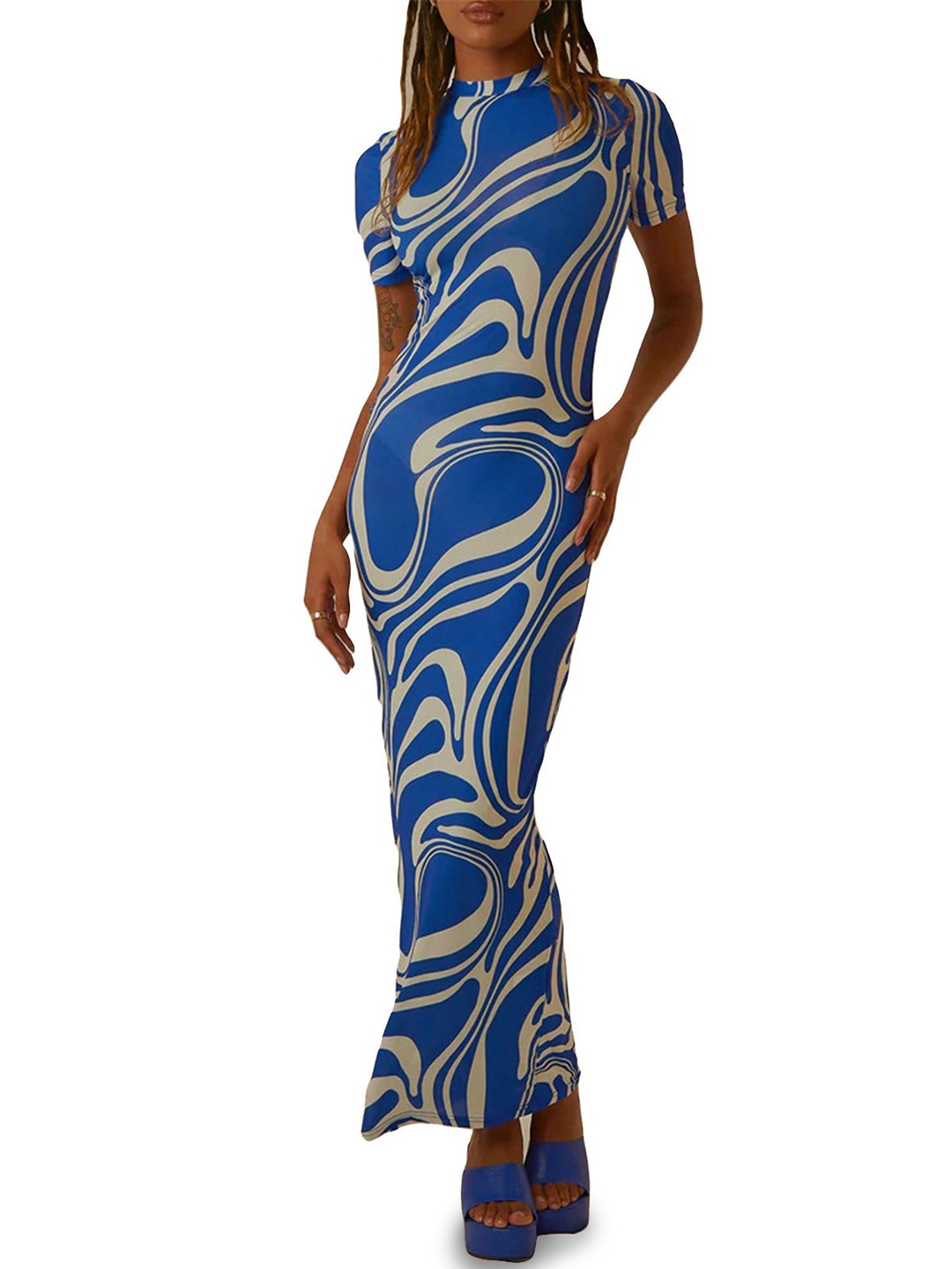

LULU & SKY Abstract Printed Short Sleeves Maxi Dress, Blue