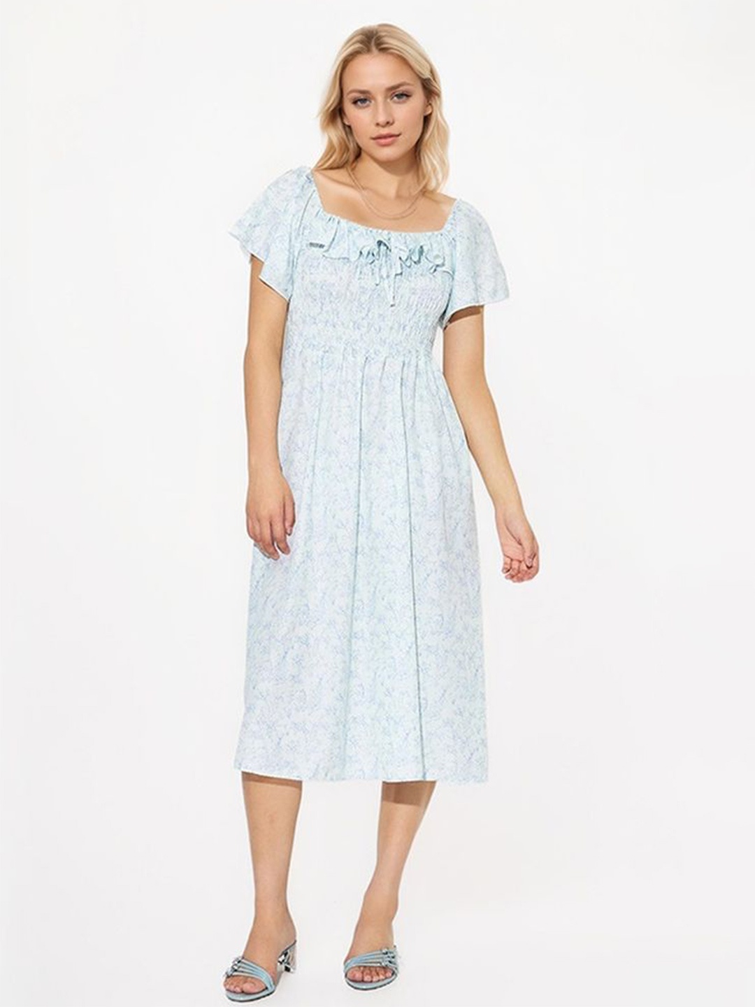 

LULU & SKY Floral Printed Smocked Ruffles Fit and Flare Midi Dress, Blue