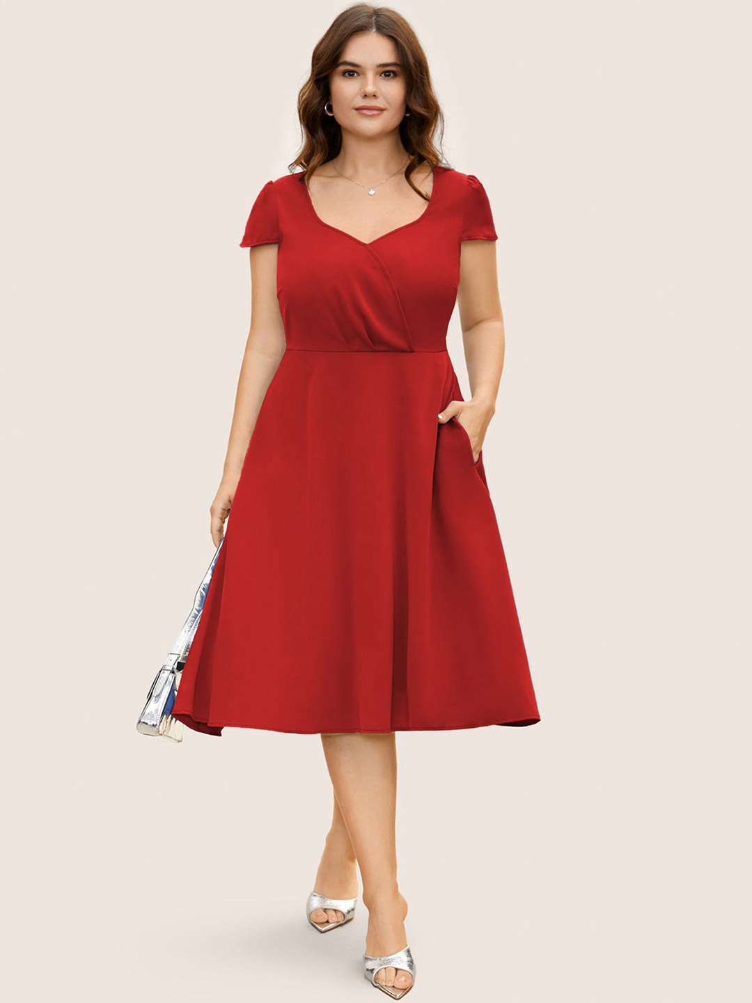 

LULU & SKY Women Sweetheart Neck Cap Sleeves Fit & Flare Dress, Red