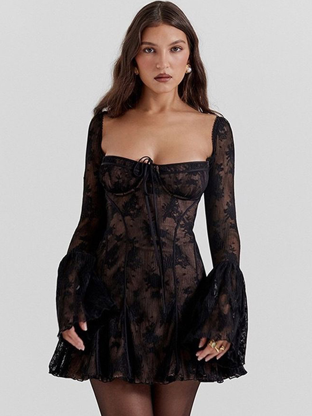 

LULU & SKY Floral Bell Sleeves A-Line Mini Dress, Black