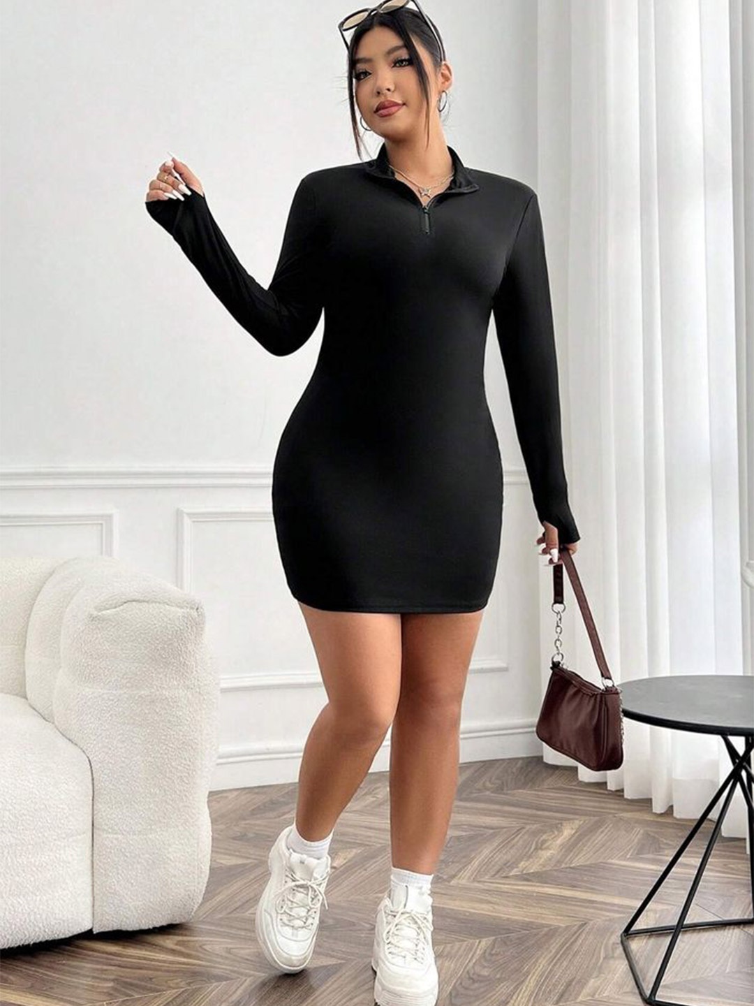 

LULU & SKY Plus Size Shirt Collar Bodycon Mini Dress, Black