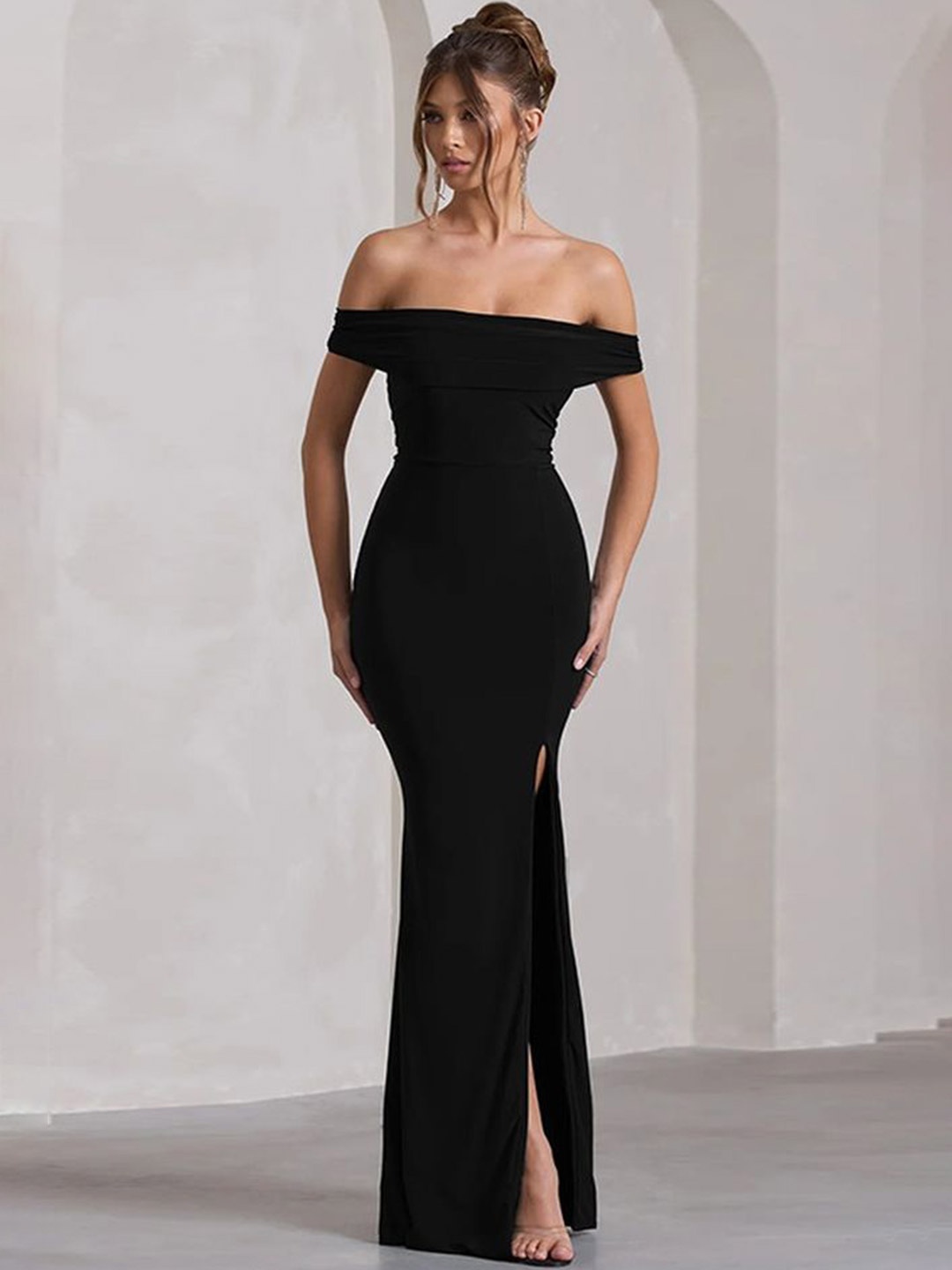 

LULU & SKY Off-shoulder Side Slit Bodycon Maxi Dress, Black