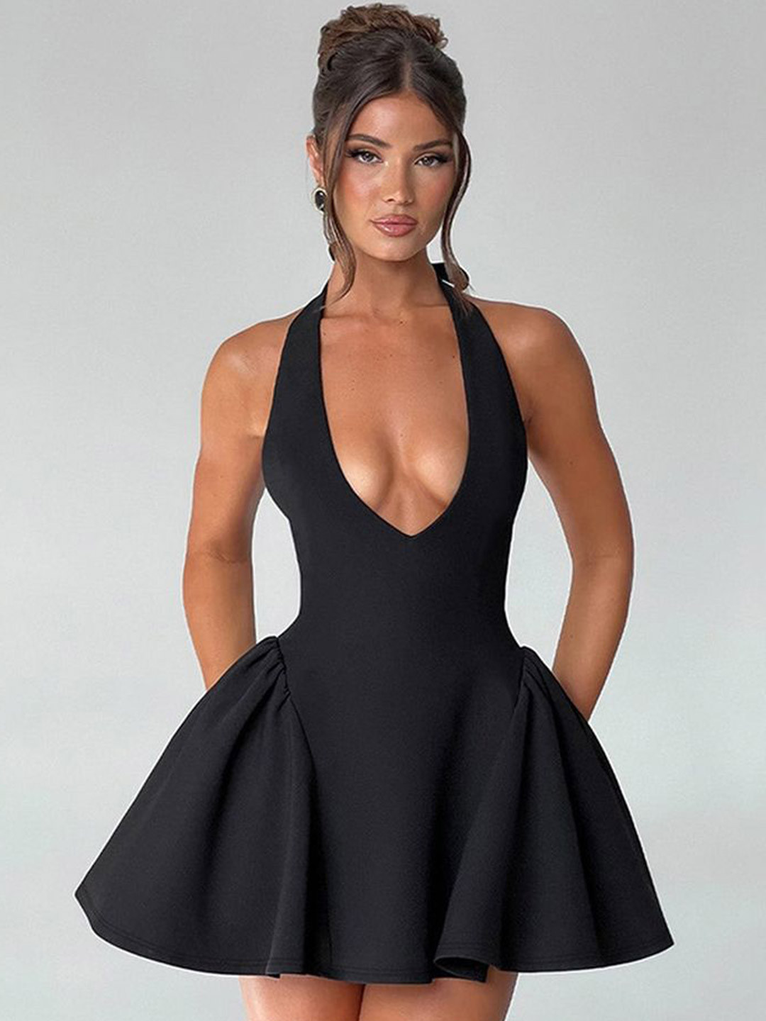 

LULU & SKY Women Halter Neck Fit & Flare Mini Dress, Black