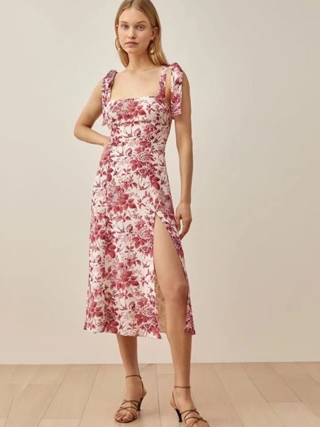 

LULU & SKY Floral Print Tie-Ups Fit & Flare Midi Dress, Pink